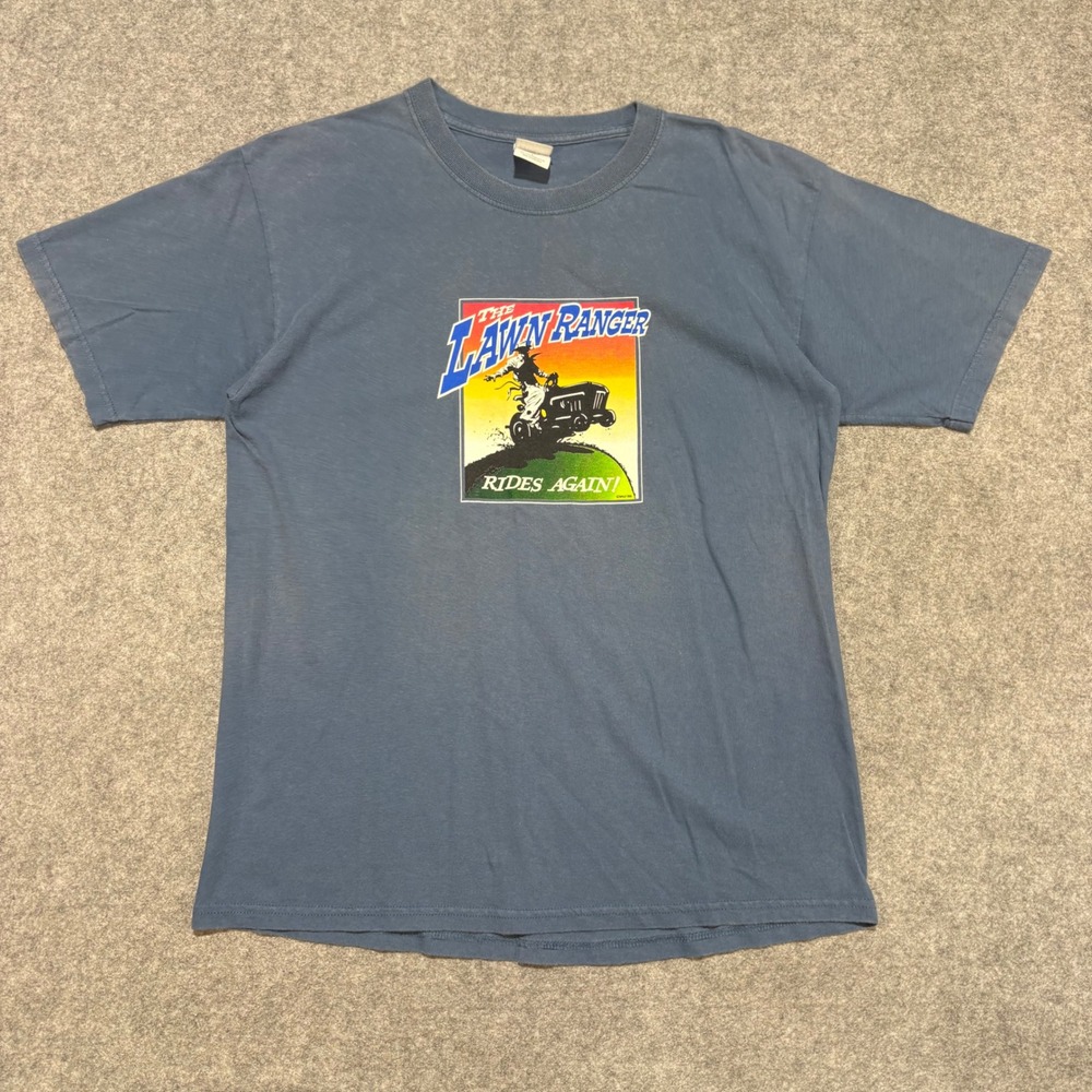 Gildan Lawn Ranger Rides Again Graphic T-Shirt Mens Large Blue Funny Mowing Tee